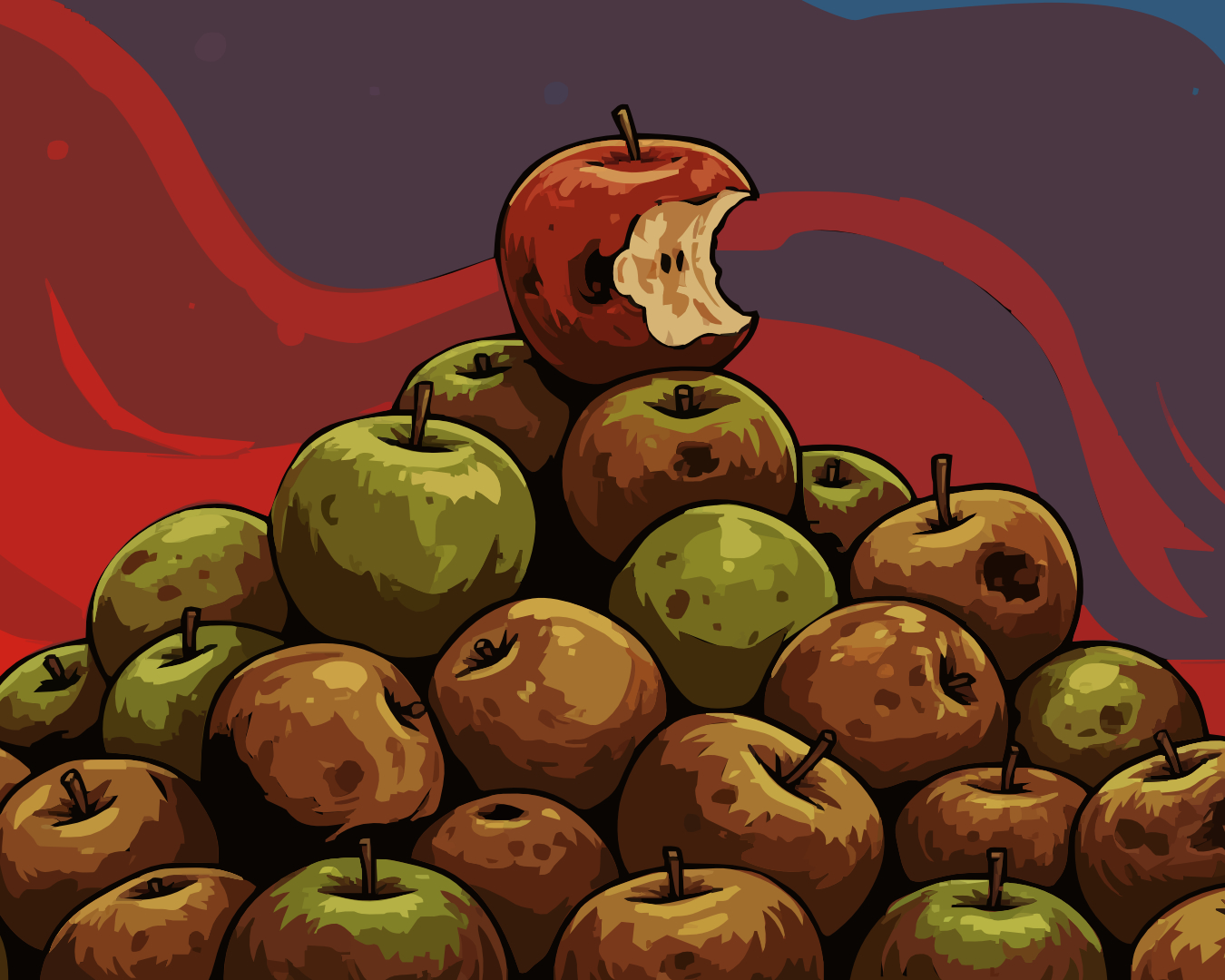 A mound of rotting apples, with one red apple at the top of the pile with a bite taken out of the right side of it.